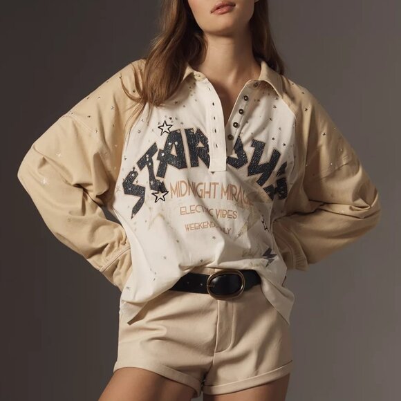 Anthropologie NWT Stardust Midnight Mirage Star Graphic Henley Oversized Top XL - Picture 1 of 11